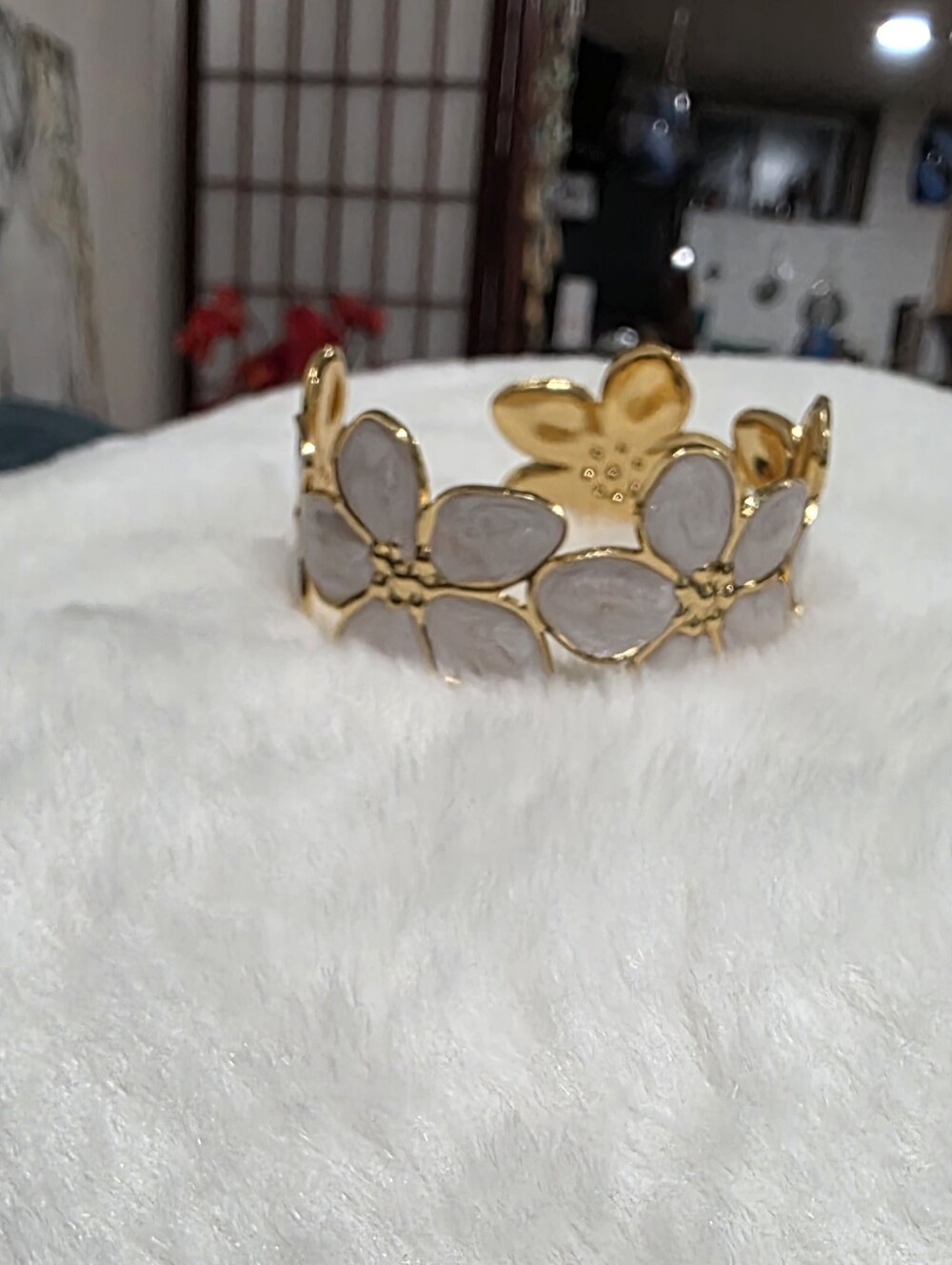 Stainless Steel Gold Floral Cuff Bracelet with Light Gray Enamel Petals